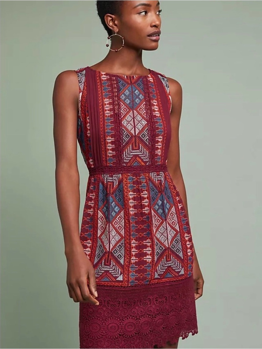 Anthropologie Akemi + Kim Burgundy Multi-Pattern Sleeveless Mini Dress